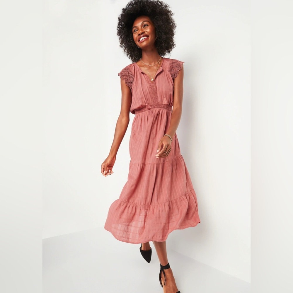NWT Old Navy Waist-defined Crochet-Sleeve Tie-Neck Midi-Dress Small